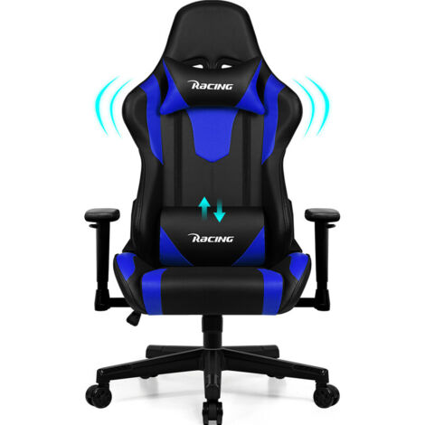 Chaise Gaming, Chaise Bureau Ergonomique avec Coussin Lombaire, Appui-tête et Accoudoirs Réglables, Fauteuil Gaming avec Fonction Bascule 150 kg, Bleu