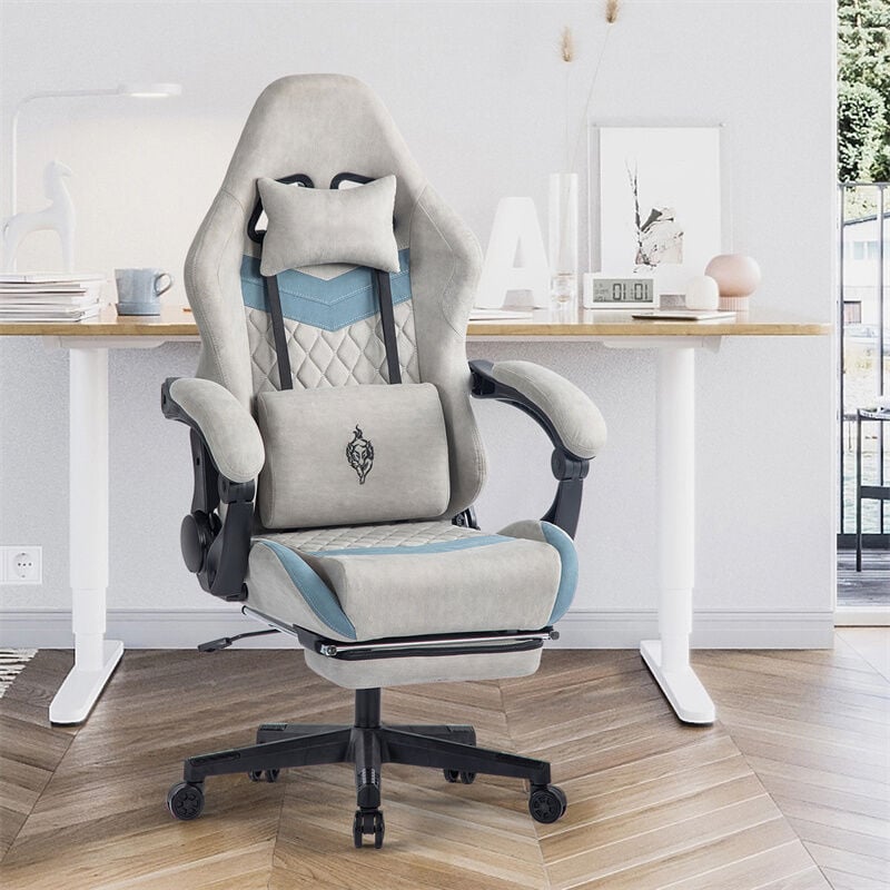 Fortuna Lai - Chaise gaming, Chaise de jeu max 150kg,en tissu avec support lombaire, ergonomique, accoudoir réglable, gris