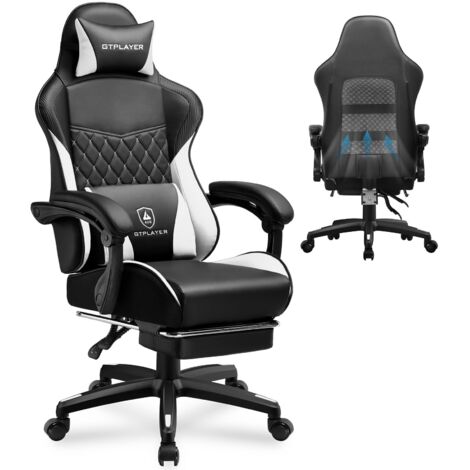 Chaise Gaming, Chaise Gamer, Chaise de Bureau Ergonomique Réglable en Hauteur, Utilisable en Hiver et en Été, avec Dossier Double, Repose-Pieds, Housse Amovible et Support Lombaire Blanc