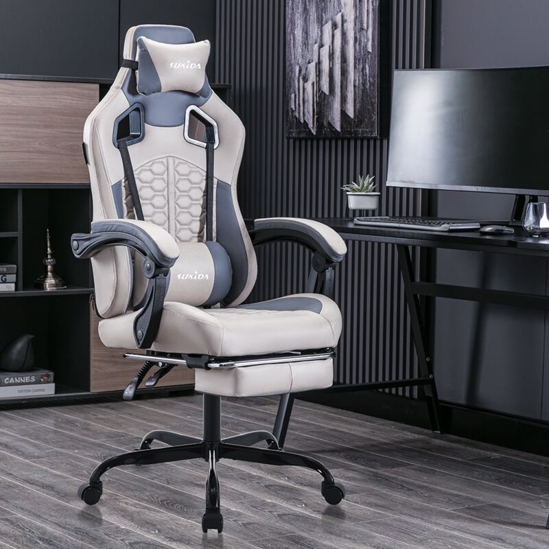 Tanant - Chaise gaming de jeu avec repose-pieds, chaise de bureau ergonomique avec appui-tête rembourré, soutien lombaire, hauteur réglable - Pour le