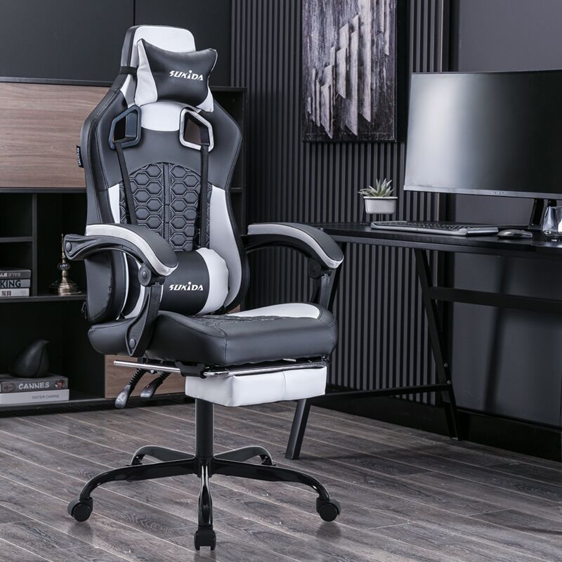 Tanant - Chaise gaming de jeu avec repose-pieds, chaise de bureau ergonomique avec appui-tête rembourré, soutien lombaire, hauteur réglable - Pour le