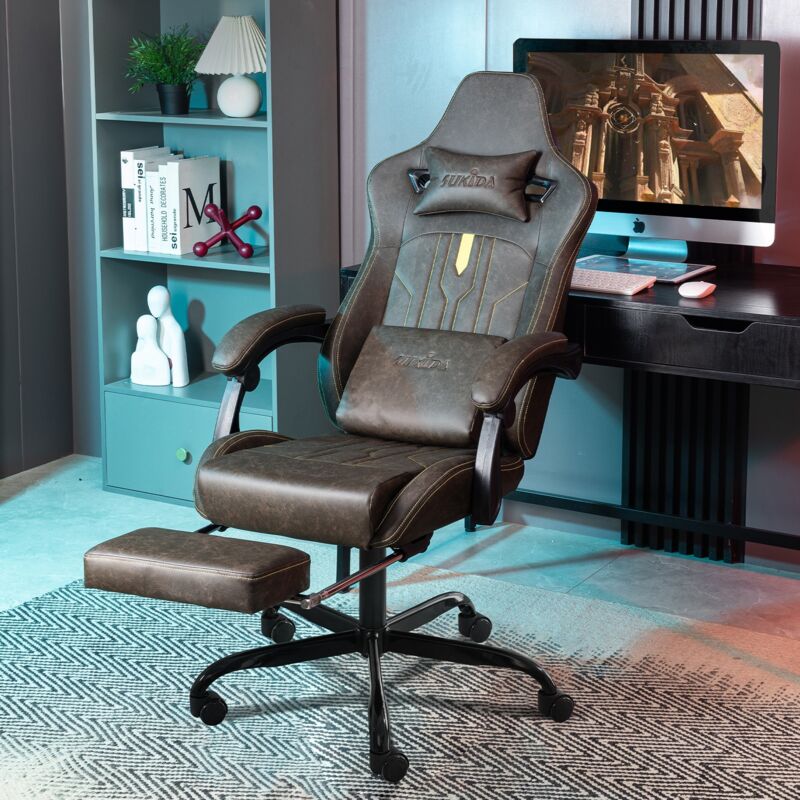 Tanant - Chaise gaming de jeu avec repose-pieds, chaise de bureau ergonomique avec soutien lombaire, coussin confortable, dossier inclinable, hauteur