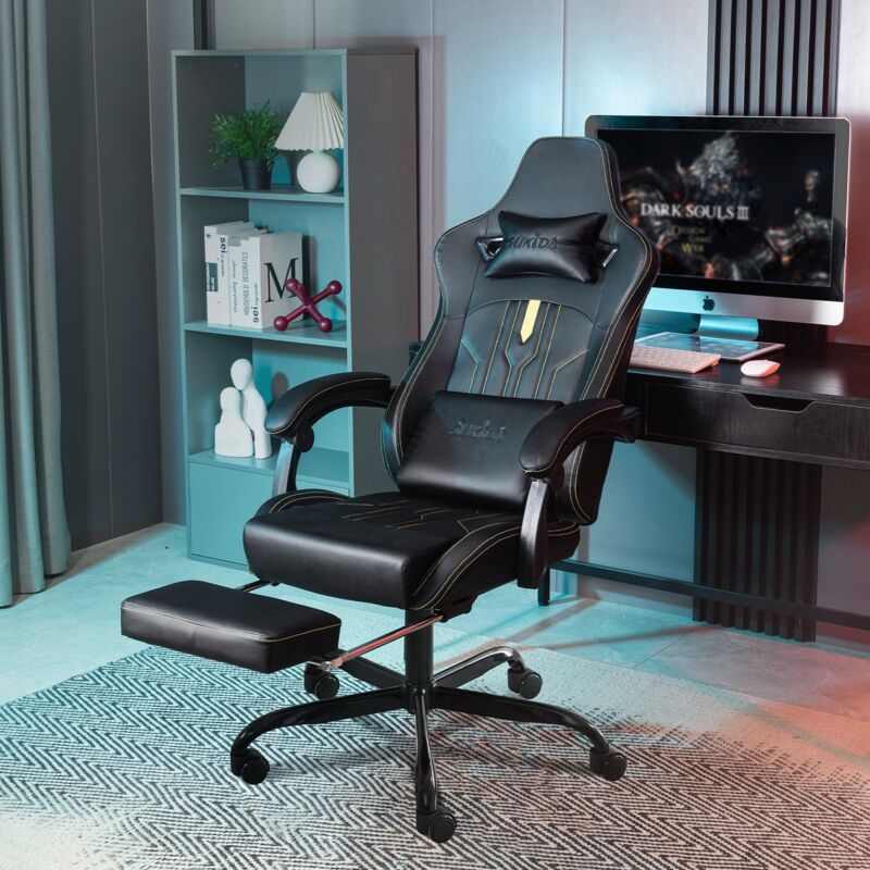 Chaise gaming de jeu avec repose-pieds, chaise de bureau ergonomique avec soutien lombaire, coussin confortable, dossier inclinable, hauteur