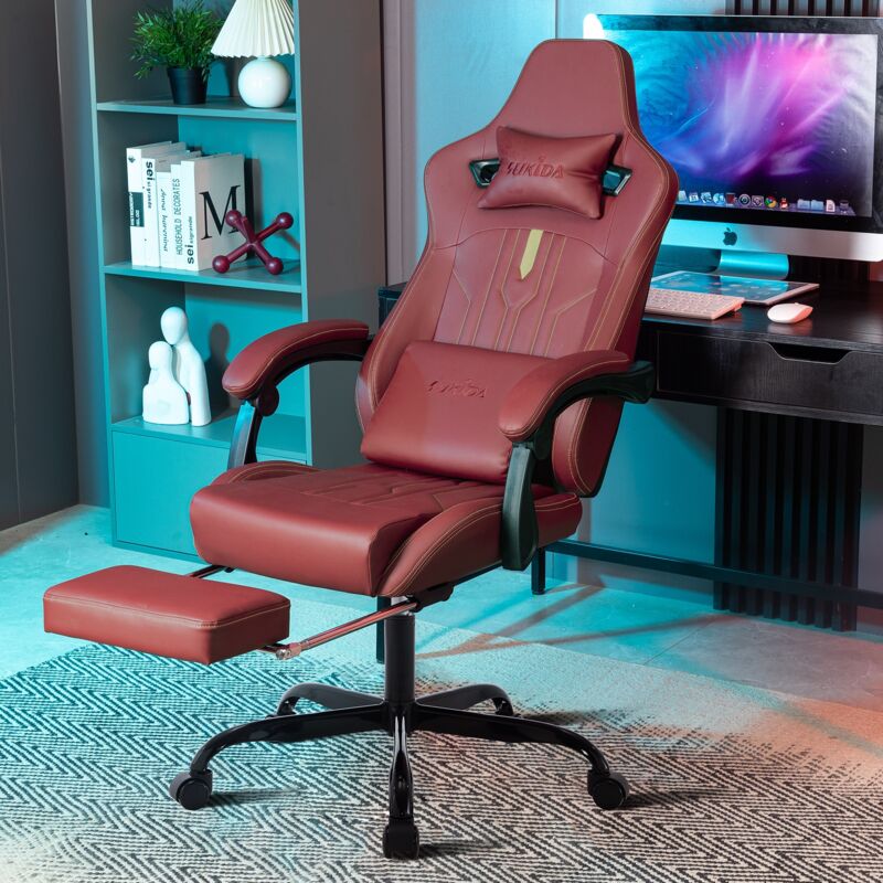 Tanant - Chaise gaming de jeu avec repose-pieds, chaise de bureau ergonomique avec soutien lombaire, coussin confortable, dossier inclinable, hauteur
