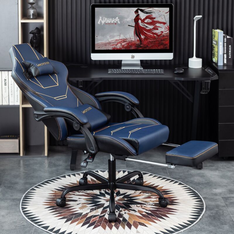Chaise gaming de jeu ergonomique avec repose-pieds, Fauteuil de bureau rembourrée et réglable en hauteur, avec support lombaire, coussin et dossier
