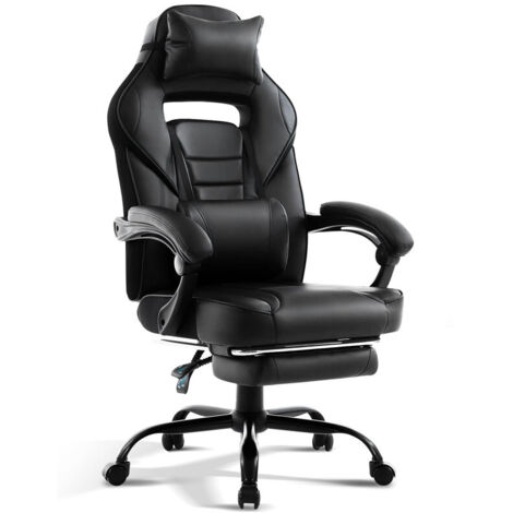 Chaise Gaming Ergonomique à haut Dossier, Fauteuil Gamer en PU, Siège de Bureau, Dossier réglable à 135°, Repose-pieds, Soutien Lombaire, 150Kg, Bureau, Chambre, Maison - noir
