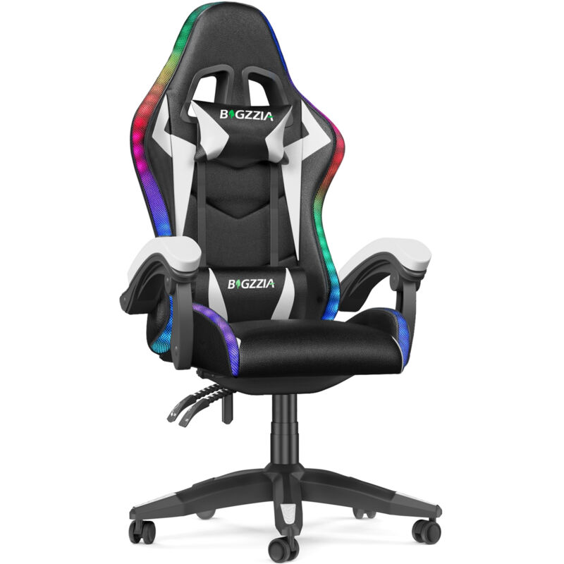 Wowttrelax - Chaise Gaming Ergonomique avec led rgb, haut Dossier, en pu, Dossier Inclinable à 155°, Charge 136 kg, Blanc