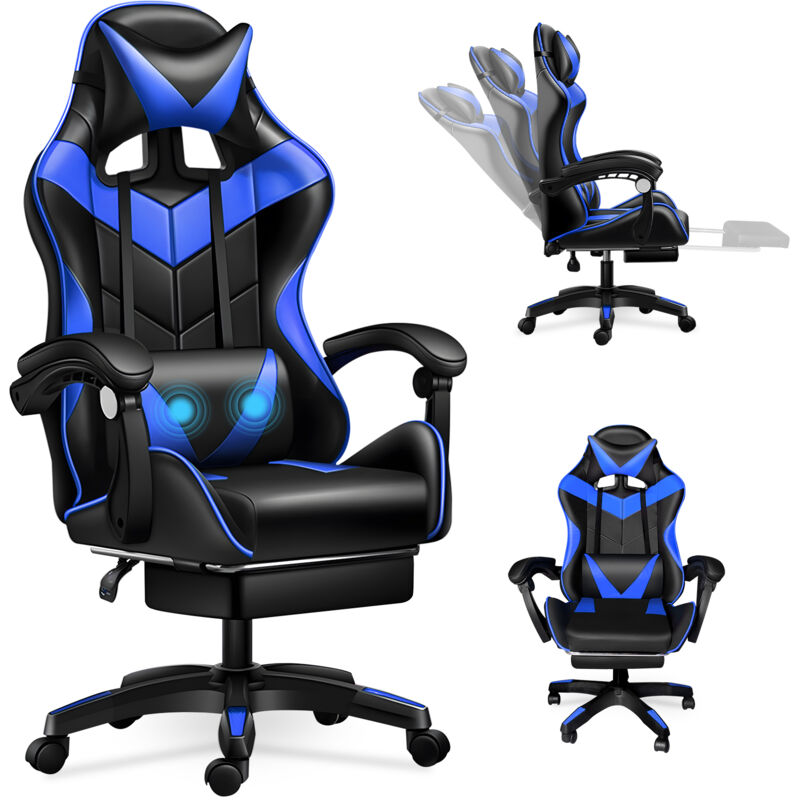 Magicfox - Chaise Gaming Ergonomique avec Oreiller Lombaire Massant, Repose-pied, Hauteur et Inclinaison du dossier Réglable, Charge de 150Kg - Bleu