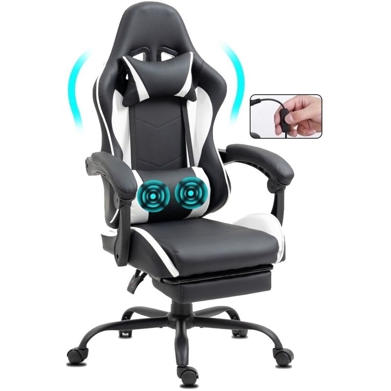 Chaise Gaming ergonomique avec repose-pieds et massage blanc Chaise Gaming ergonomique avec repose-pieds et massage blanc