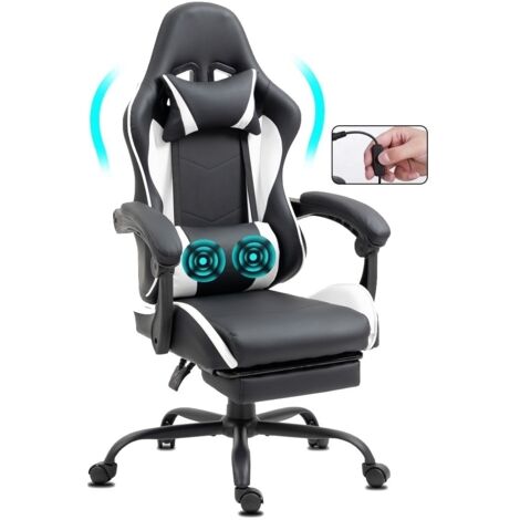 Chaise Gaming ergonomique avec repose-pieds et massage blanc
