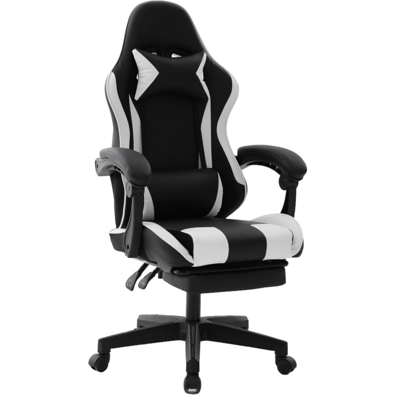 Chaise gaming ergonomique en similicuir avec repose-pieds – Blanc Chaise gaming ergonomique en similicuir avec repose-pieds – Blanc