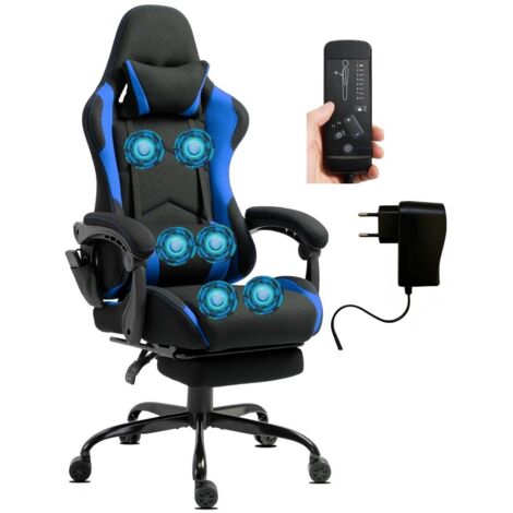 Chaise Gaming Ergonomique en Tissu, Massage 6 Points, Bleu