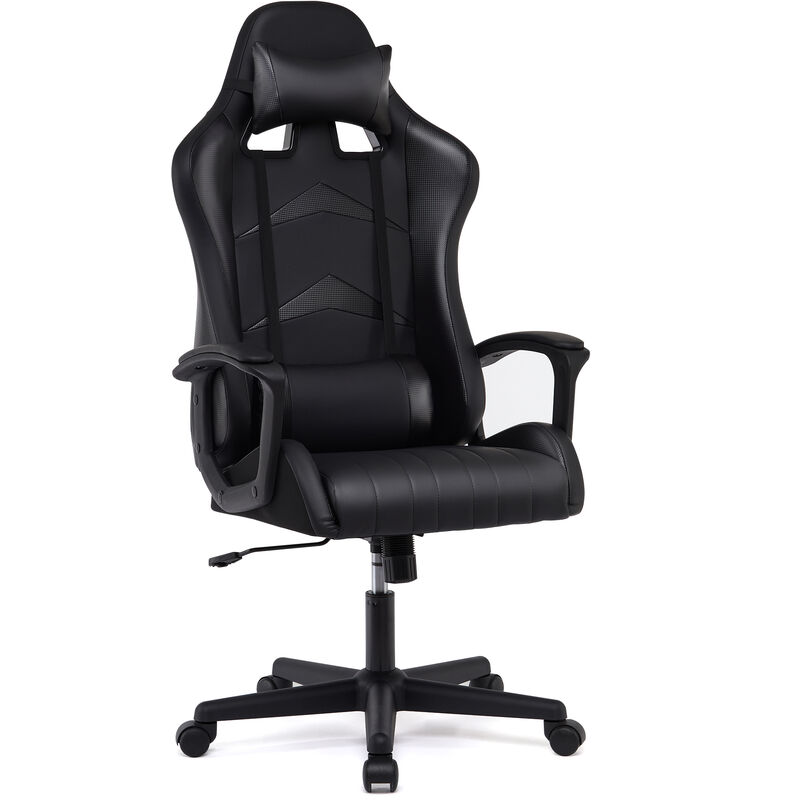 IWMH Chaise Gaming Ergonomique, Fauteuil de Bureau Pivotant, Dossier Haut, Assise Rembourrée, avec Appui-tête et Soutien Lombaire Ajustables - Noir