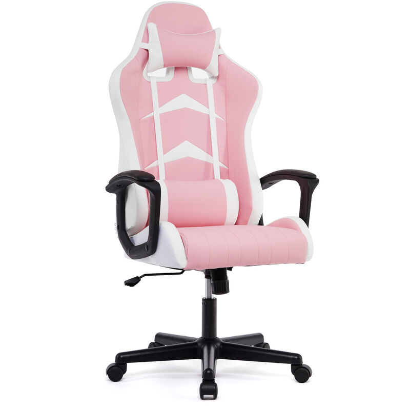 IWMH Chaise Gaming Ergonomique, Fauteuil de Bureau Pivotant, Dossier Haut, Assise Rembourrée, avec Appui-tête et Soutien Lombaire Ajustables - Rose