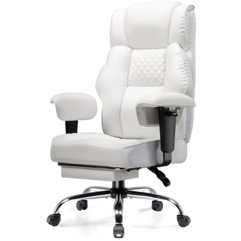 Chaise Gaming Ergonomique Large en Simili-Cuir, Ressorts Ensachés, Fauteuil Bureau Pivotant avec Repose-Pieds Réglable - Blanc