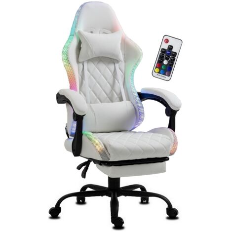 Chaise Gaming Ergonomique LED RGB en Similicuir avec Repose-Pieds blanc