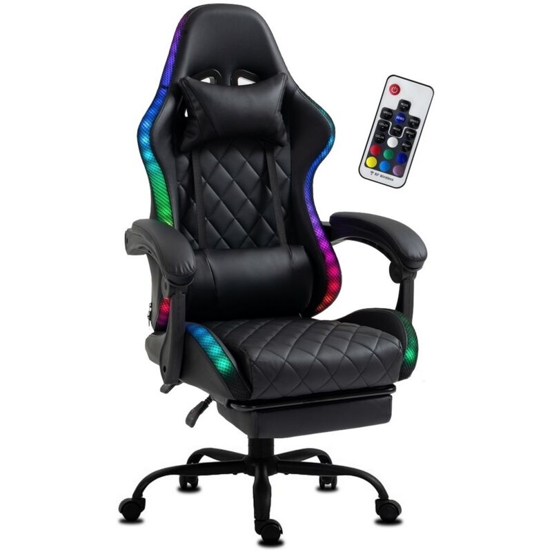 Chaise Gaming Ergonomique LED RGB en Similicuir avec Repose-Pieds noir