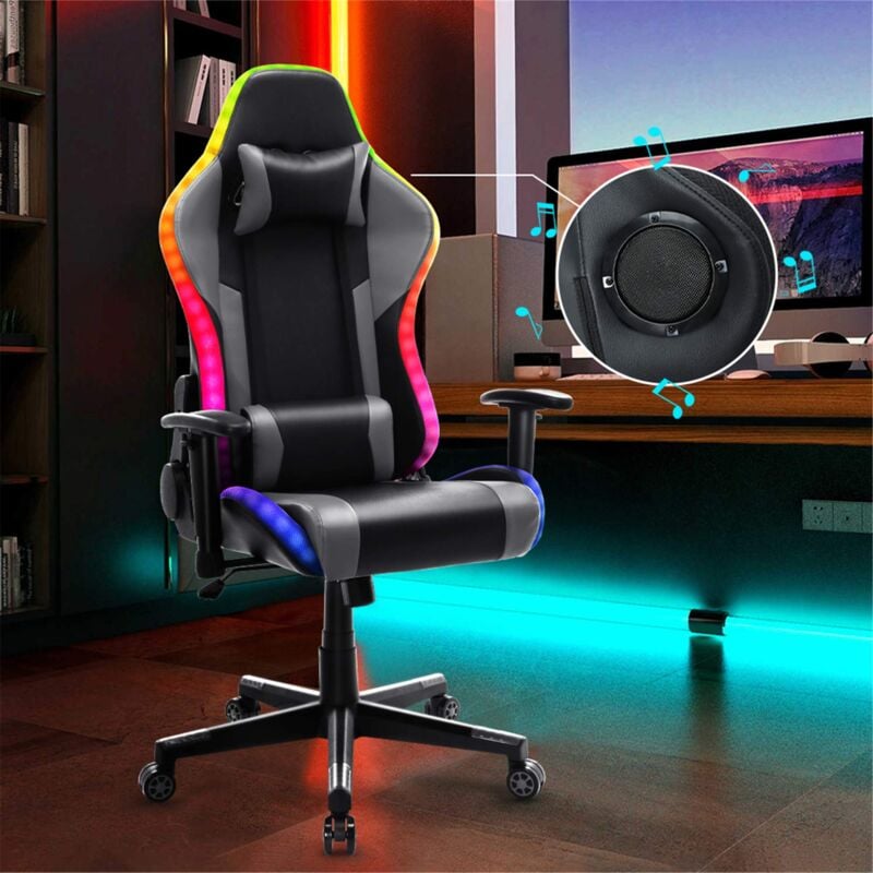 Chaise Gaming Fauteuil Gamer avec haut-parleur Bluetooth et lumière LED Noir et gris