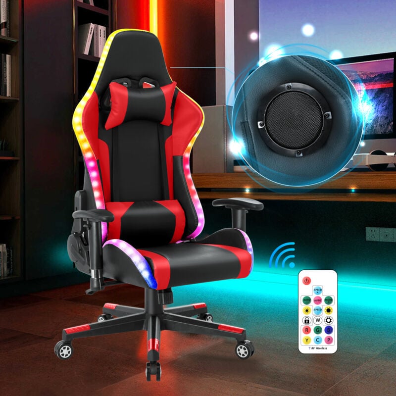 Chaise Gaming Fauteuil Gamer avec haut-parleur Bluetooth et lumière led Noir et rouge