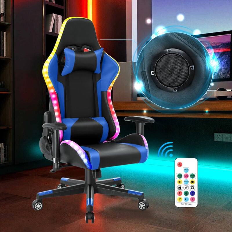 Chaise Gaming Fauteuil Gamer avec haut-parleur Bluetooth et lumière led Noir et bleu