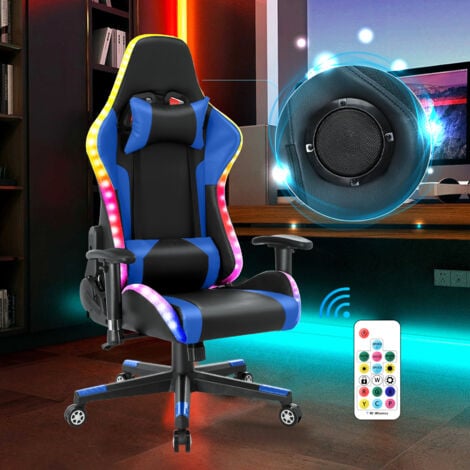 HOMEMIYN Chaise Gaming Fauteuil Gamer avec haut-parleur Bluetooth et lumière LED Noir et bleu