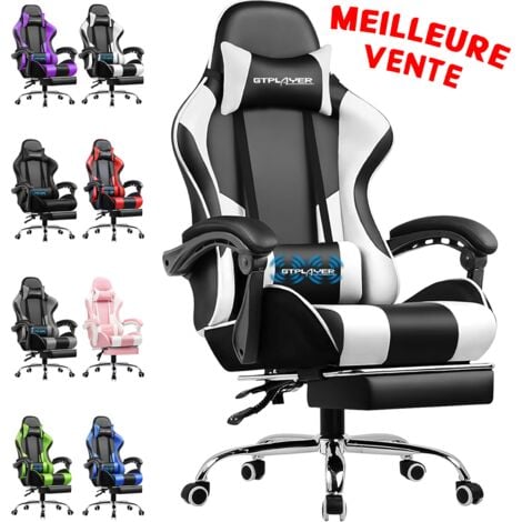 Chaise Gaming, Fauteuil Gamer avec Massage Lombaire, Chaise de Gaming Repose-Pieds Rétractable, Dossier Inclinable à 135°, Siège Confortable en Cuir, Chaise Bureau, Charge 150 kg, Blanc