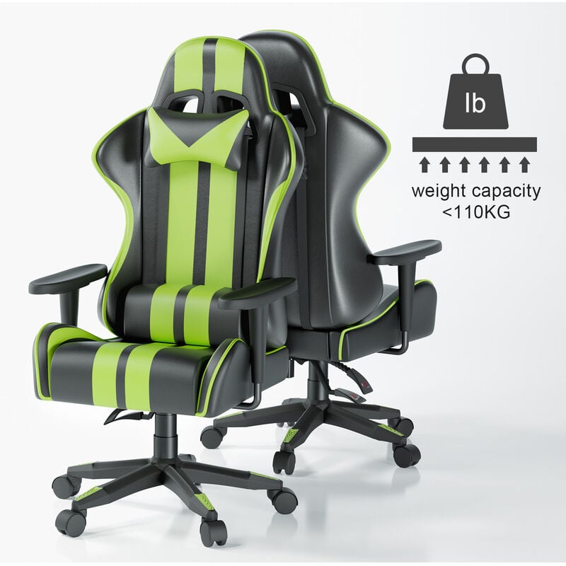 Rattantree - Chaise gaming, Fauteuil gamer de bureau, Chaise Gamer Réglable Pivotant, avec coussin et dossier inclinable, Vert - Vert