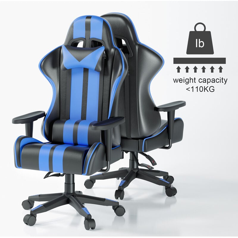 Chaise gaming, Fauteuil gamer de bureau, Chaise Gamer Réglable Pivotant, avec coussin et dossier inclinable, Bleu - Bleu