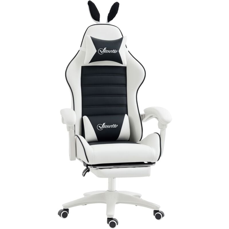 Chaise gaming fauteuil gamer inclinable réglable repose-pied rétractable oreilles de lapin amovibles noir blanc