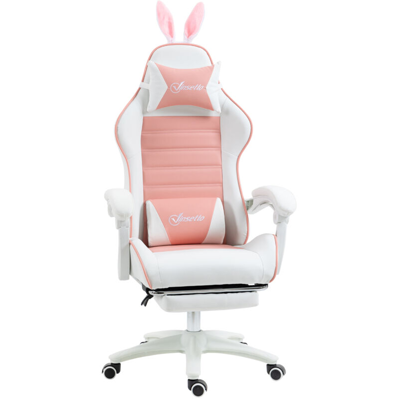 Vinsetto - Chaise gaming fauteuil gamer inclinable réglable repose-pied rétractable oreilles de lapin amovibles rose blanc