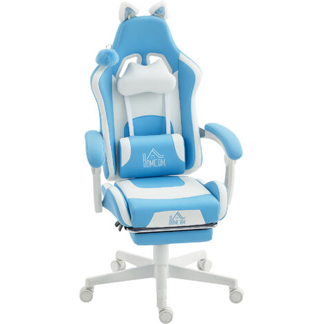 Chaise Gaming Inclinable avec Repose-pieds et Coussins, Similicuir et Mousse, 65x62x116-124 cm, Blanc et Rose