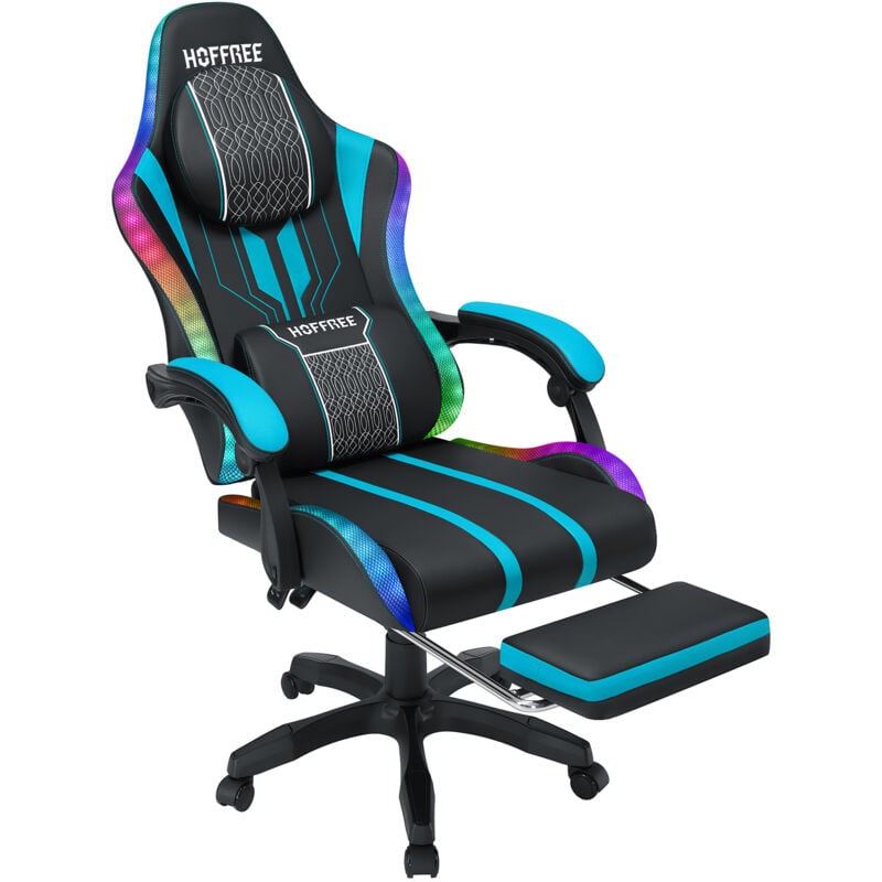 Maerex - Chaise gaming massante avec led et Enceinte bluetooth intégrée, Chaise de jeu bureau avec Repose-pieds et Support Lombaire - noir et bleu