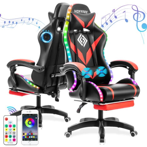 INSMA Chaise Gaming Massante avec Lumières LED et Haut-Parleurs Ergonomique Fauteuil de Bureau avec Repose-Pieds - Noir rouge