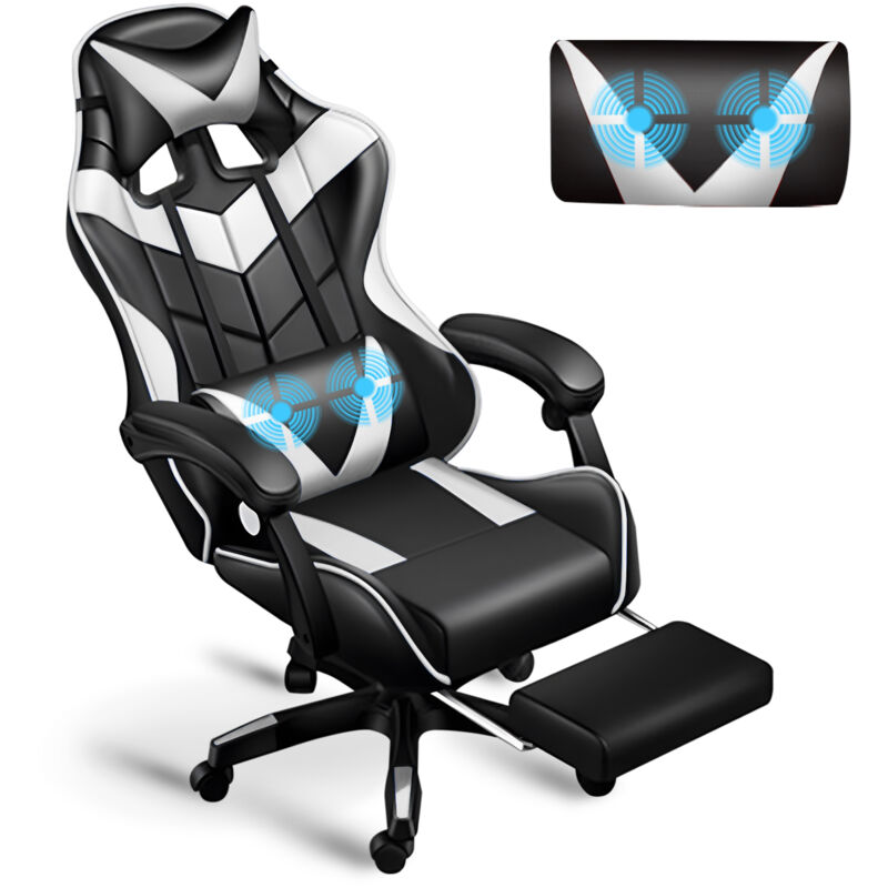 Magicfox - Chaise Gaming Massante Ergonomique avec Support Lombaire Massage, Appui-tête et Repose-pied, Hauteur Réglable Inclinable 90 °-135 °- Blanc