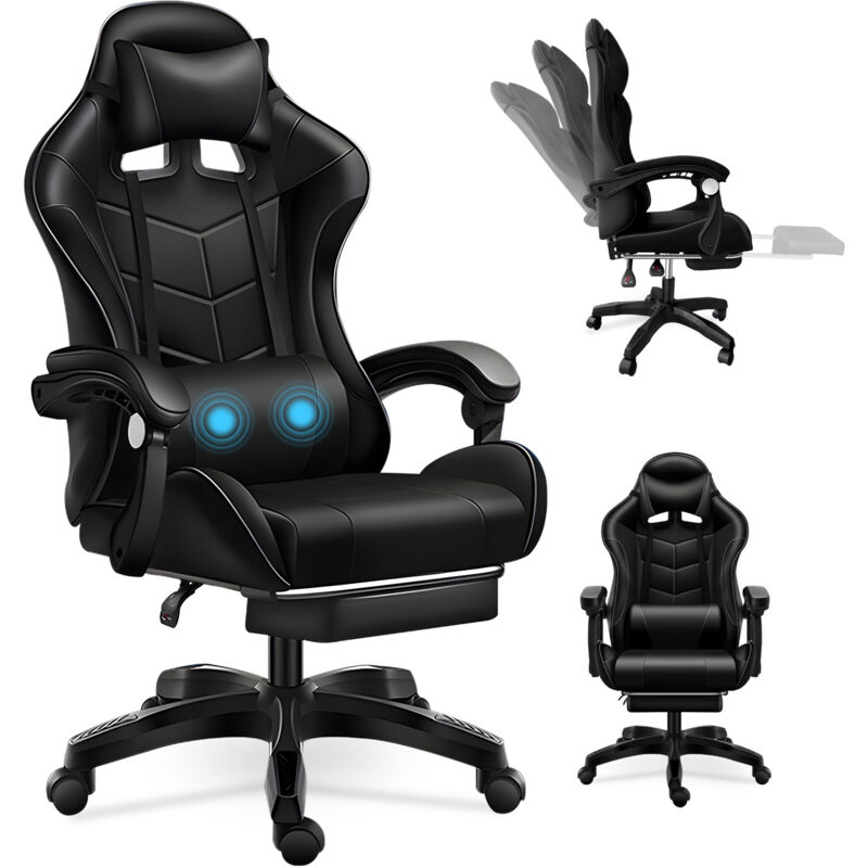 Magicfox - Chaise Gaming Massante, Fauteuil Gamer avec Soutien Lombaire Massage, Appui-tête, Hauteur Réglable, Dossier Inclinable à 135° - Noir