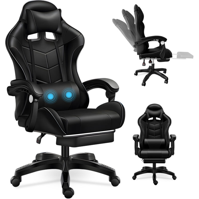 Magicfox – Chaise gaming massante avec soutien lombaire – Dossier inclinable 90° à 135° – Repose-pieds rétractable – Charge max 150 kg – Noir