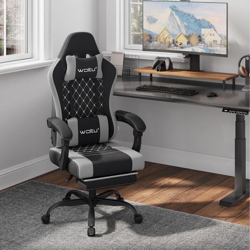 Woltu - Chaise Gaming Massante Fauteuil Gamer en Tissu Maille, avec Coussin à Ressorts, Soutien Lombaire Massant, Appui-tête, Repose-Pieds, Charge