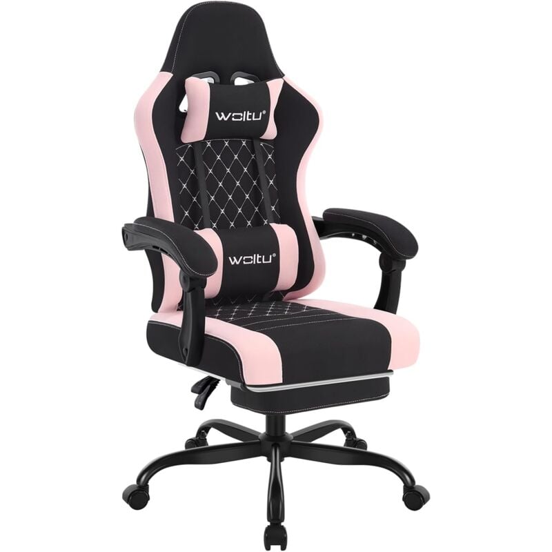 Woltu - Chaise Gaming Massante Fauteuil Gamer, avec Coussin à Ressorts, Soutien Lombaire Massant, Appui-tête, Repose-Pieds,Tissu Maille, Noir+Rose
