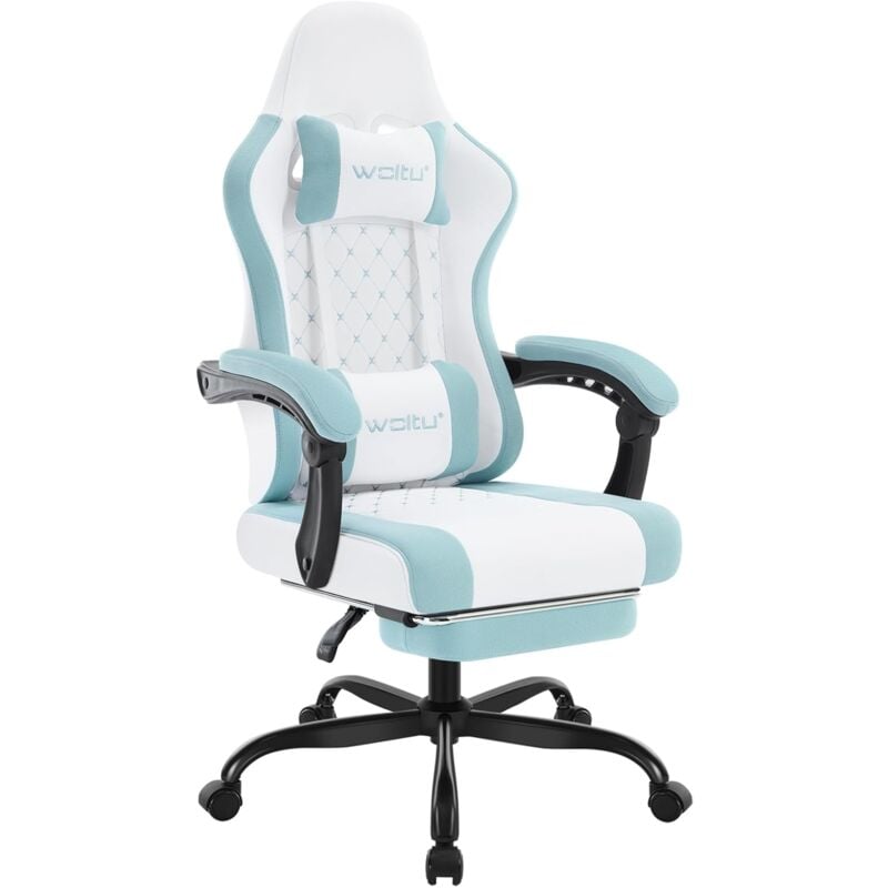 Woltu - Chaise Gaming Massante Fauteuil Gamer, avec Coussin à Ressorts, Soutien Lombaire Massant, Appui-tête, Repose-Pieds,Tissu Maille, Blanc+Bleu
