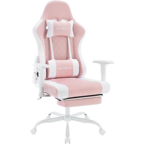 Chaise Gaming Massante WOLTU, Fauteuil Gaming, avec Coussin Lombaire Massant, Siège Large à Ressorts, Appui-tête, Repose-Pieds, Tissu Maille, Rose+Blanc