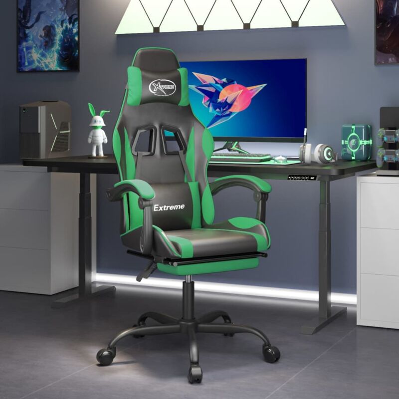 Maison Chic - Chaise gaming pivotante Chaise de bureau Fauteuil gamer et repose-pied Noir et vert Similicuir 53970