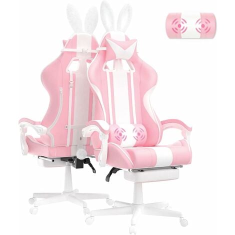 CHOYCLIT Chaise Gaming Rose Ergonomique Massage Fauteuil Gamer Chaise avec Repose-Pied Gaming Siege Bureau avec Appui-tête Chaise de Jeu Coussin Lombaire et Oreilles de Lapin A-rose