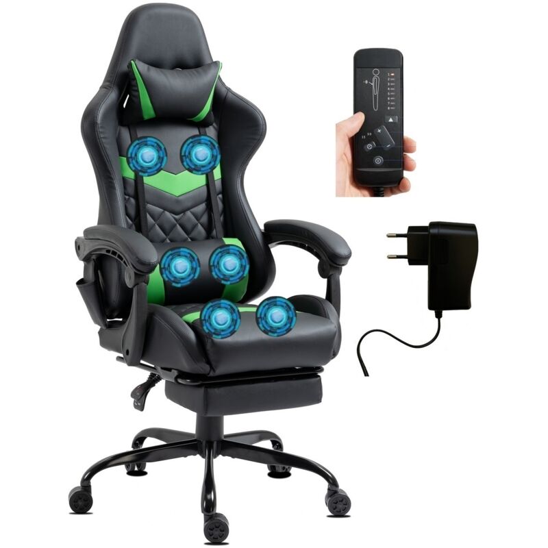 Chaise Gaming similicuir repose-pieds massage 6 points vert Chaise Gaming similicuir repose-pieds massage 6 points vert