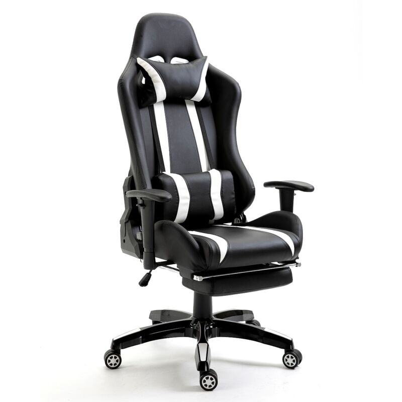 Chaise gaming Svita Chaise de bureau Chaise pivotante repose-pieds ergonomique noir blanc