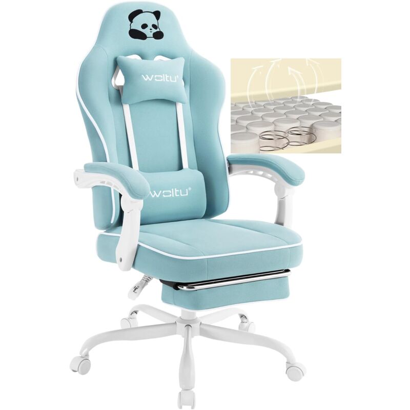 Woltu - Chaise Gaming Fauteuil Gaming, avec Coussin à Ressorts Ensachés, Appui-tête, Support Lombaire, Repose-Pieds, Tissu Maille, Bleu Clair