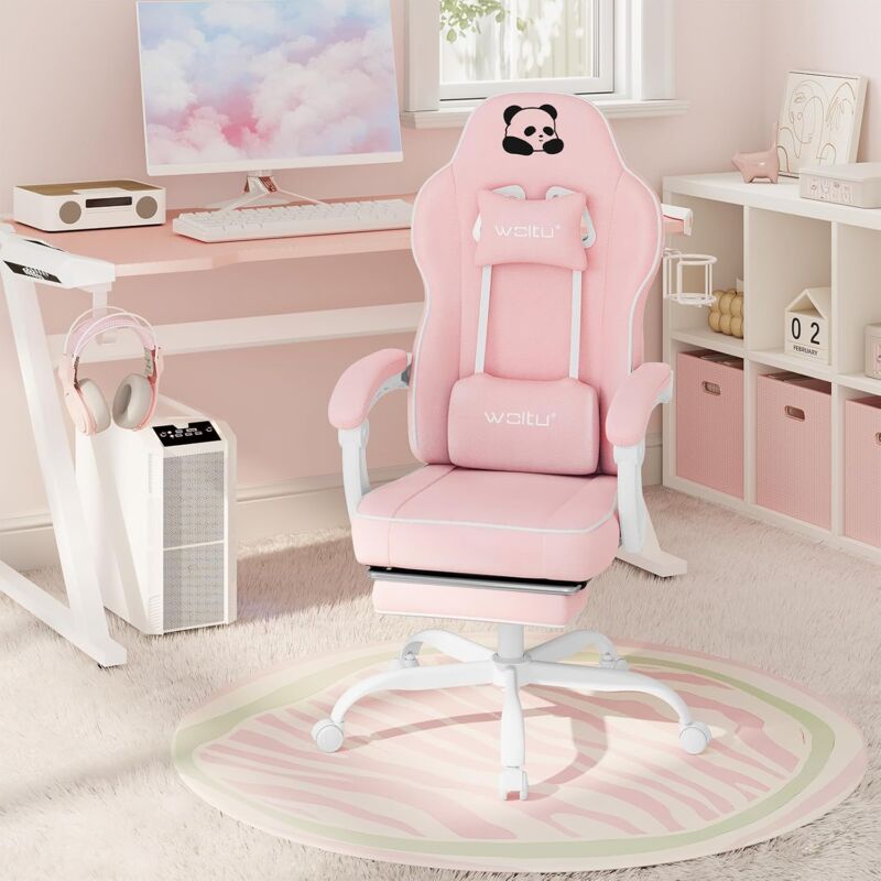 Woltu - Chaise Gaming Fauteuil Gaming, avec Coussin à Ressorts Ensachés, Appui-tête, Support Lombaire, Repose-Pieds, Tissu Maille, Rose