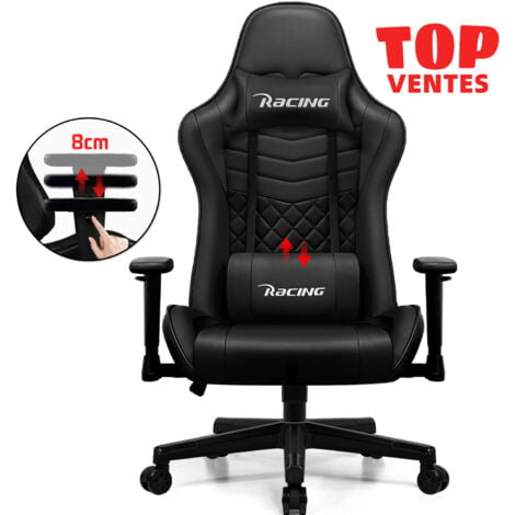 AUTHMIC Chaise Gaming,fauteuil Gaming Ergonomique avec inclinable 90° à 170°,hauteur et coussins réglables-Noir