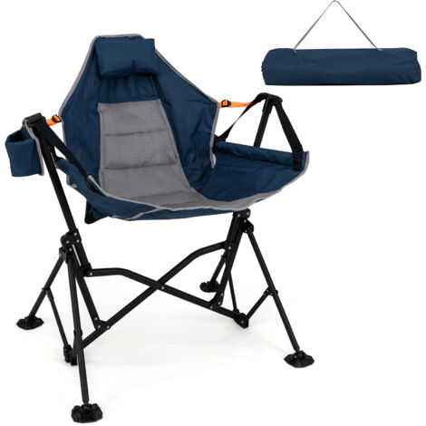 Chaise Hamac de Camping, Chaise Balançoire Pliable avec Porte-Gobelet, Siège Large Rembourré, Dossier Réglable, Appuie-tête, Supporte 150 KG, Bleu