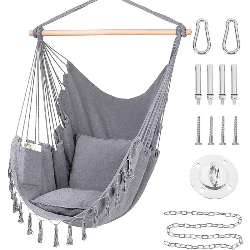 Chaise hamac en corde suspendue, balançoire en corde suspendue avec 2 oreillers, sac de transport et kit de matériel, parfaite pour