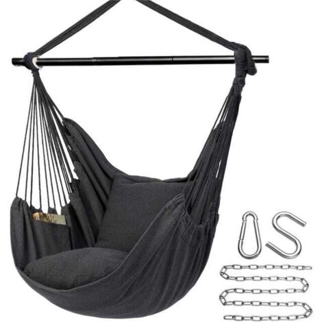 Chaise hamac suspendue avec 2 coussins en tissu polyester-coton – Capacité de charge 330 lb – Chaîne et mousqueton inclus